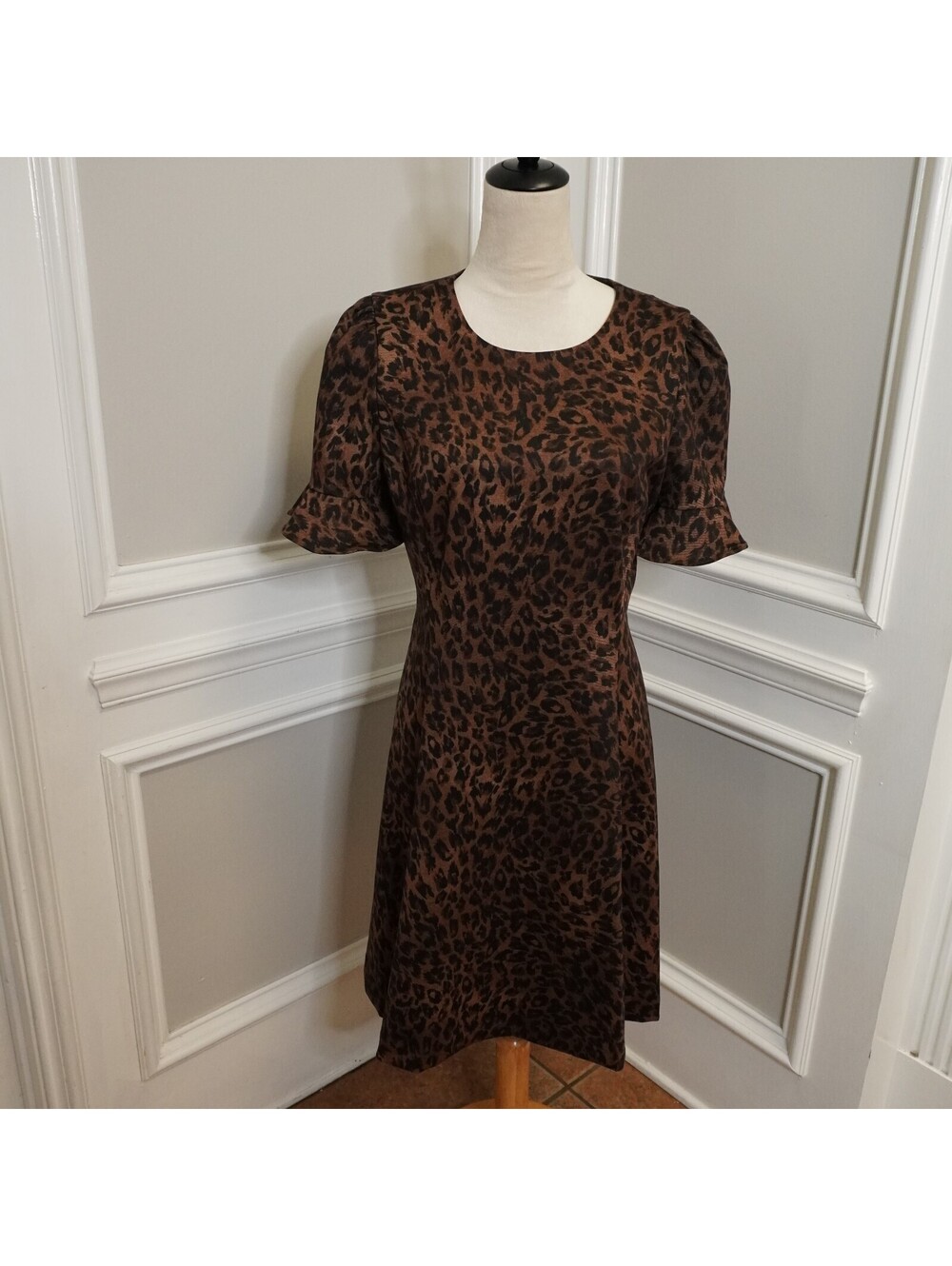 Andrew Marc Brown and Black Leopard Print Dress with Ruffle Sleeves